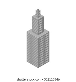 Isometric business center building with elevators and roof of solar panels. Isolated on white background. Vector illustration.