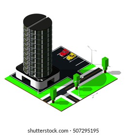 Isometric business center building with transparent windows. 3d real estate illustration. Map includes road, markings, parking, cars and street lamps.