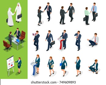 Isometric Business characters poses. Handshake. Set of Businessmans, Businesswomans and Arab Mans on white background. Cartoon people. Create your own design for vector.