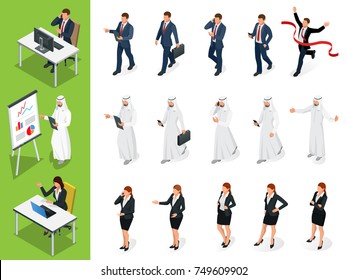 Isometric Business characters poses. Set of Businessmans, Businesswomans and Arab Mans on white background. Cartoon people. Create your own design for vector.