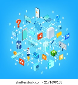 Isometric business concept composition made of many icons. Internet, big data, online support, new start up concept illustration