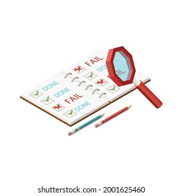 Isometric business concept with done and failed tasks in to do list 3d vector illustration