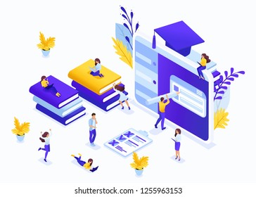 Isometric business concept e-learning for second higher education, self-study, advanced training. Great concept for a Landing page.