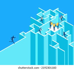 Isometric business concept environment, Business people running around labyrinth. Solving problems, financial risks, achievement infographic illustration