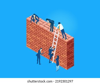 Isometric Business Concept Environment, Business People Climb On The Brick Wall With The Ladder. Ladder Of Success. Solving Problems, Helping, Supporting, Achievement Infographic Illustration