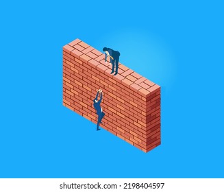 Isometric Business Concept Environment, Business People Working Around Brick Wall. Solving Problems, Helping, Supporting, Achievement Infographic Illustration