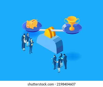 Isometric business concept environment, Business people and golden trophy. Winning, being first, achievement idea