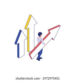 Isometric business concept with human character and three colorful arrows vector illustration