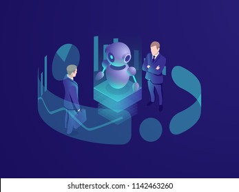 Isometric business concept of man thinking, crm system, artificial intelligence robot ai, consulting agency, smart technology progress, vector neon dark