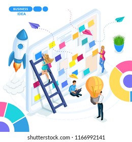 Isometric business concept, planning, creating business ideas. Young entrepreneurs are working on a business strategy.