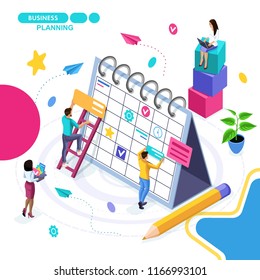 Isometric business concept, planning, business planning, scheduling actions, calendar. Young entrepreneurs are working on a business strategy.