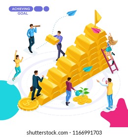 Isometric business concept, project completion, goal achievement, project launch, money, finance. Young entrepreneurs are working on a business strategy.
