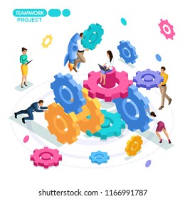 Isometric business concept, project teamwork, start-up, gears, business mechanism. Young entrepreneurs are working on a business strategy.