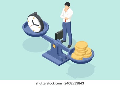 Isometric business concept of scales balance with alarm clock and money. Time is money concept