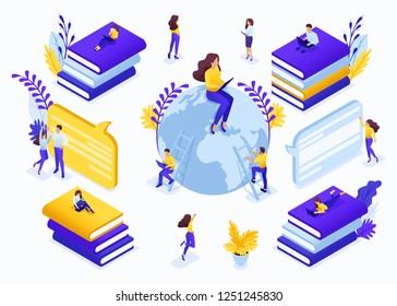 Isometric business concept search for the best e-courses, online learning process. Communication of students and teachers via the Internet. ?oncept for a Landing page.