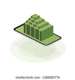 Isometric Business concept smartphone and money. Vector stock illustration.