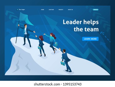 Isometric Business Concept, A Successful Leader Leads His Team To Success. Template Landing Page.