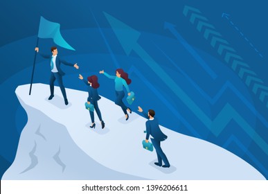 Isometric business concept, a successful leader leads his team to success. Concept for web design.