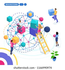 Isometric business concept, teamwork, brainstorming, strategy development. Young entrepreneurs are working on a business strategy.