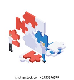 Isometric business concept with two people doing puzzle vector illustration