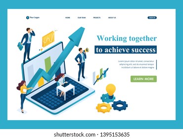 Isometric business concept, working together as a team to achieve success. Template landing page.