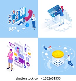 Isometric business concepts. Businessmen and business woman in different situations. Online cooperation, agreement, success, sgoal achievement, financing of projects, online consultation, partnership.