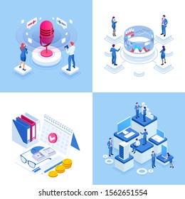 Isometric business concepts. Businessmen and business woman in different situations. Online cooperation, agreement, success, sgoal achievement, financing of projects, online consultation, partnership.