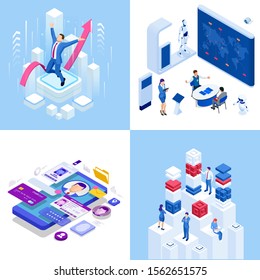 Isometric business concepts. Businessmen and business woman in different situations. Online cooperation, agreement, success, sgoal achievement, financing of projects, online consultation, partnership.
