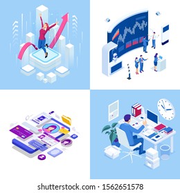 Isometric business concepts. Businessmen and business woman in different situations. Online cooperation, agreement, success, sgoal achievement, financing of projects, online consultation, partnership.