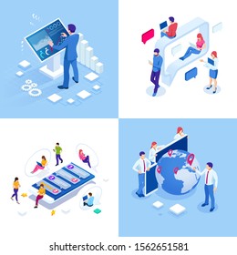 Isometric business concepts. Businessmen and business woman in different situations. Online cooperation, agreement, success, sgoal achievement, financing of projects, online consultation, partnership.