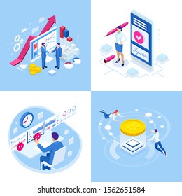 Isometric business concepts. Businessmen and business woman in different situations. Online cooperation, agreement, success, sgoal achievement, financing of projects, online consultation, partnership.