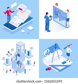 Isometric business concepts. Businessmen and business woman in different situations. Online cooperation, agreement, success, sgoal achievement, financing of projects, online consultation, partnership.
