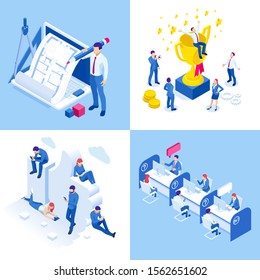 Isometric business concepts. Businessmen and business woman in different situations. Online cooperation, agreement, success, sgoal achievement, financing of projects, online consultation, partnership.