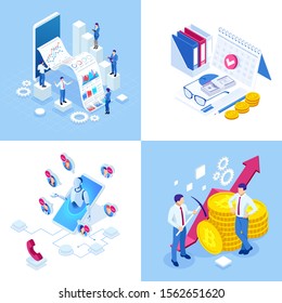 Isometric business concepts. Businessmen and business woman in different situations. Online cooperation, agreement, success, sgoal achievement, financing of projects, online consultation, partnership.