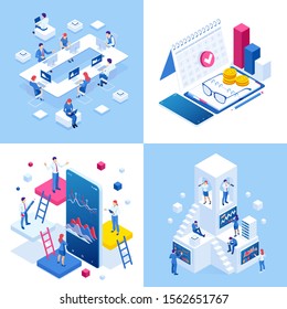 Isometric business concepts. Businessmen and business woman in different situations. Online cooperation, agreement, success, sgoal achievement, financing of projects, online consultation, partnership.