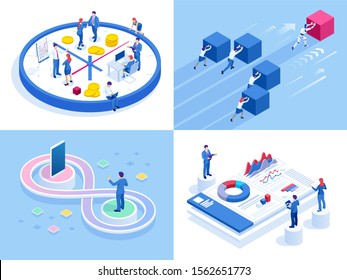Isometric business concepts. Businessmen and business woman in different situations. Online cooperation, agreement, success, sgoal achievement, financing of projects, online consultation, partnership.
