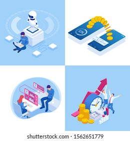 Isometric business concepts. Businessmen and business woman in different situations. Online cooperation, agreement, success, sgoal achievement, financing of projects, online consultation, partnership.