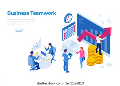 Isometric business concepts. Businessmen and business woman in different situations. Online cooperation, agreement, success, sgoal achievement, financing of projects, online consultation, partnership.