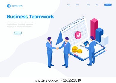 Isometric business concepts. Businessmen and business woman in different situations. Online cooperation, agreement, success, sgoal achievement, financing of projects, online consultation, partnership.