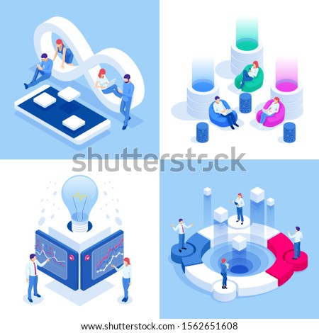 Isometric business concepts. Businessmen and business woman in different situations. Online cooperation, agreement, success, sgoal achievement, financing of projects, online consultation, partnership.