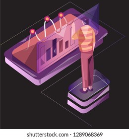 isometric business concepts web vector illustration. Businessmen standing on a pie graphic tablet.