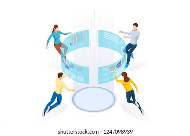 Isometric Business Data Analytics process management or intelligence dashboard on virtual screen showing sales and operations data statistics charts and key performance indicators concept.