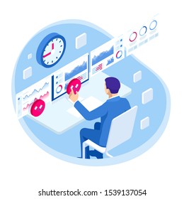 Isometric Business data analytics process management or intelligence dashboard on virtual screen showing sales and operations data statistics charts and key performance indicators concept.