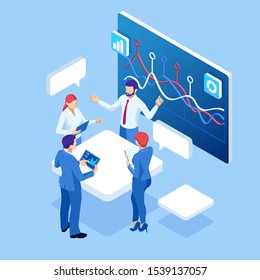 Panel de control de inteligencia o administración de procesos de análisis de datos empresariales isométricos en pantalla virtual que muestra los gráficos de estadísticas de datos de ventas y operaciones y el concepto de indicadores clave de rendimiento.