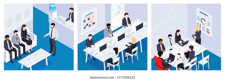 Isometric business design concept with set of three square compositions with office rooms and human characters vector illustration