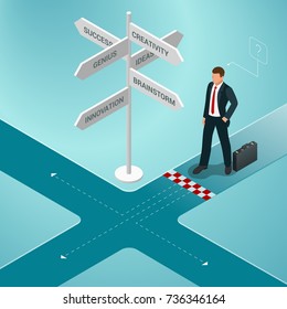 Isometric business directions. Businessman standing at a crossroad and looking directional signs arrows in difficult choice concept and startup.