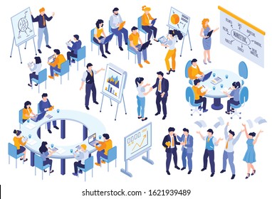 Isometric business education coaching training set with isolated icons and images of people at educational meetings vector illustration