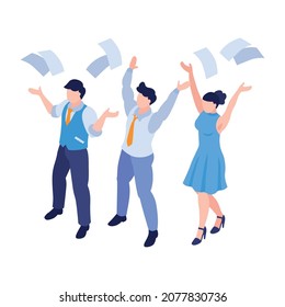 Isometric business education coaching training composition with characters of happy workers throwing papers in air vector illustration