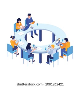 Isometric business education coaching training composition with circle shaped table and coworkers vector illustration