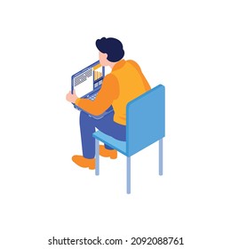 Isometric business education coaching training composition with male character sitting on chair vector illustration